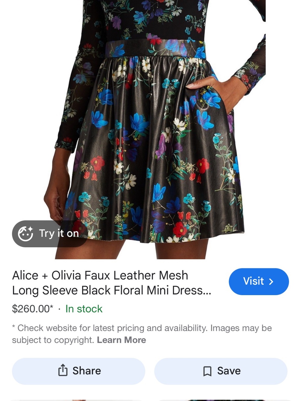 Alice + Olivia Faux Leather Mesh
Long Sleeve Black Floral Mini Dress - Size 4 - Picture 3 of 7